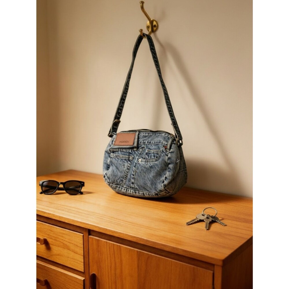 Hidden Los Angeles Acid Wash Denim Mini Duffle Crossbody Bag Blue OS Y2K Boho